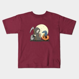 Cute Grim Reaper With Coffee Halloween Kids T-Shirt